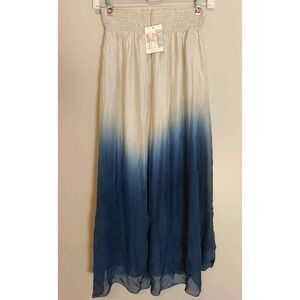 Keysha Women Beige‎ Blue Ombre Italy Silk Elastic Waist Lined Skirt Size L